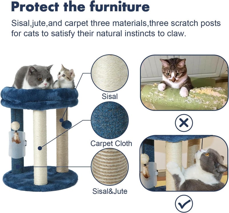 MECOOL Cat Scratching Post Tree with Tower Soft Bed.Natural Quality Sisal Carpet Jute Scratch Posts with Three Hanging Ball Toys and Massage Brush for Indoor Cats and Kittens Blue - Image 3